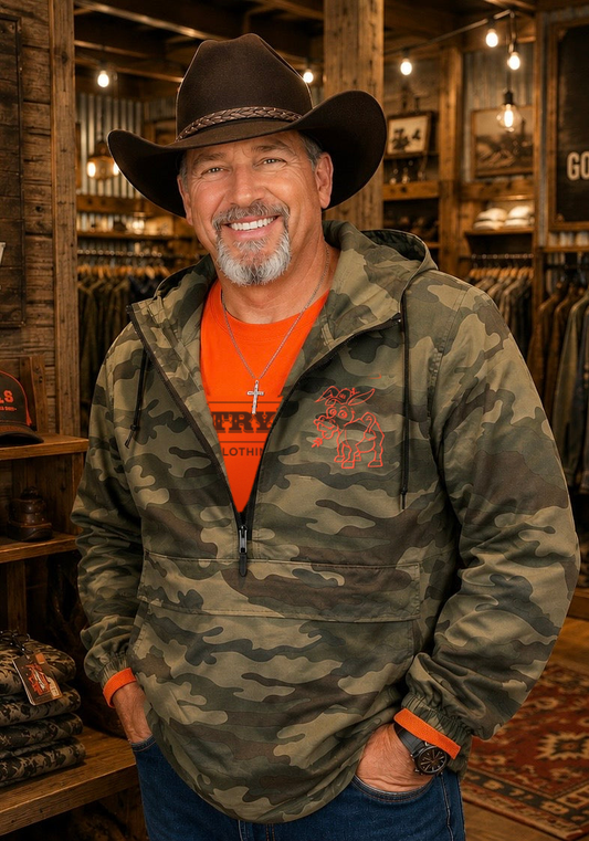 Man wearing the camo anorak with embroidered orange donkey