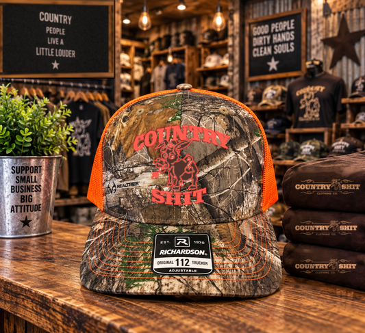 Camo with Neon Orange Richardson Snapback Hat, Embroidered