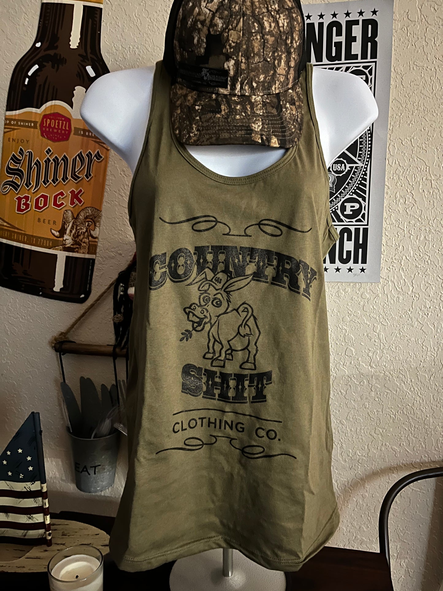 *Women's Military Green Racerback Tank- Black*